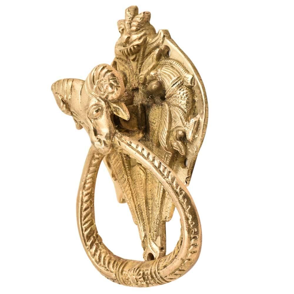 Dragons Behind Sheep Head Brass Entry Door Knocker - Gold Entry Door Decoration Items - Georgion Antique Door Bell