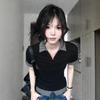 Black plaid splicing polo collar half-sleeved T-shirt women's summer academy style design sense niche fake two-piece top