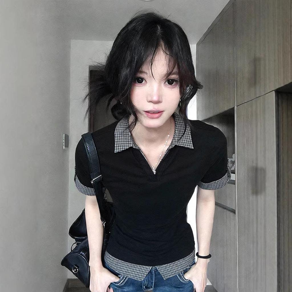 Black plaid splicing polo collar half-sleeved T-shirt women's summer academy style design sense niche fake two-piece top