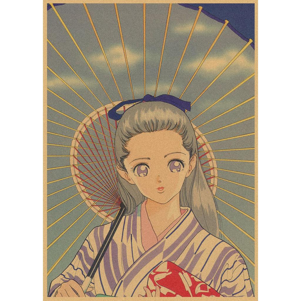 Sakura Diaries Retro Kraftpapier Manga Illustration Wandkunst