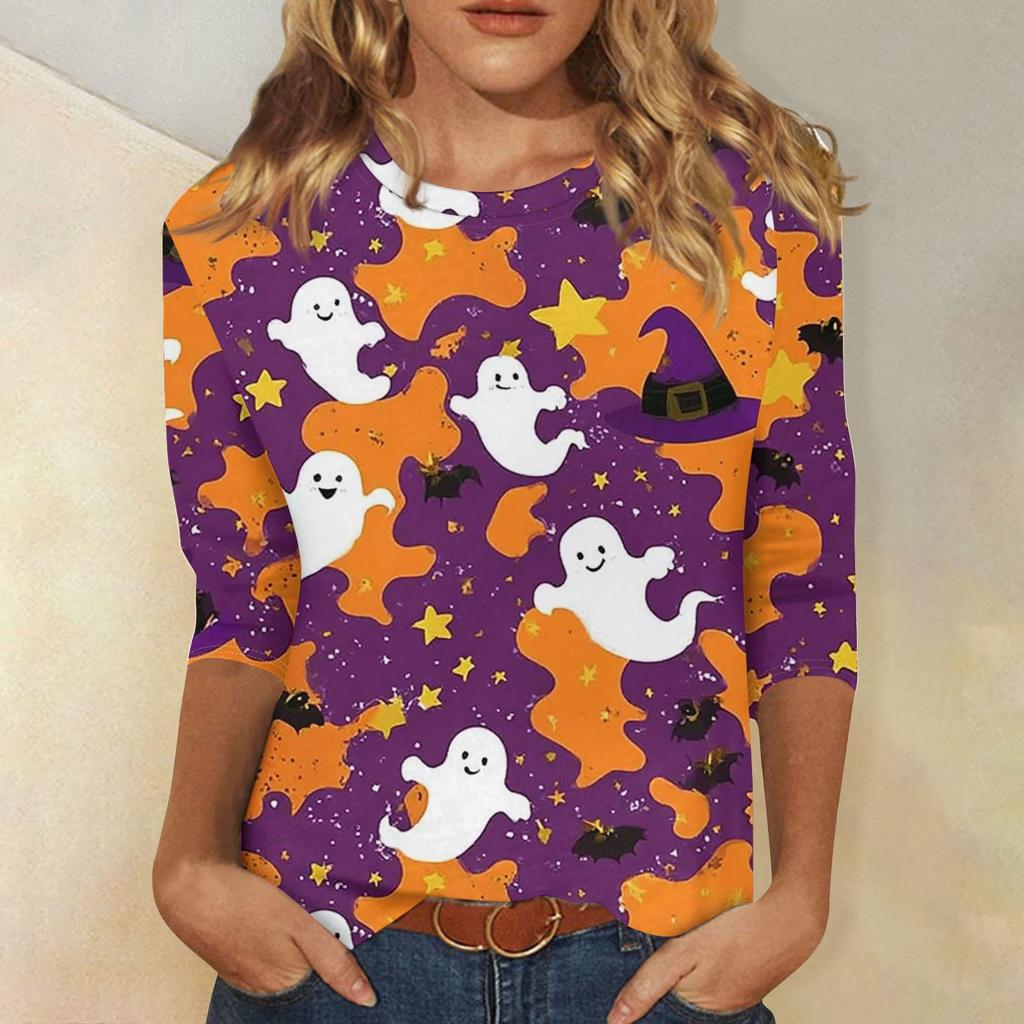 Women's Fashion Casual Three-quarter Sleeve Halloween Printed Round Neck Top