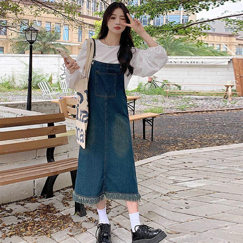 

Джинсовый комбинезон-платье 2025 года с бахромой и эффектом коррекции живота L (suggested 53-58 kg)