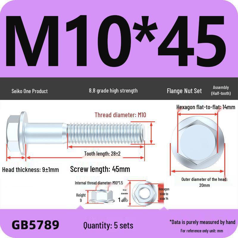 8.8 Grade Hex Flange Bolt and Nut Set with Anti-slip Washer: M5, M6, M8, M10 Assortment