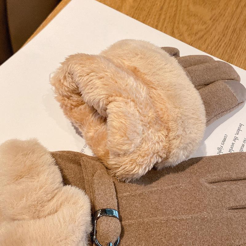 Suede Gloves Autumn and Winter Women's Cute Korean Version Plus Velvet Thickened Warm Five Finger Gloves for Students To Prevent Cold Riding Tide