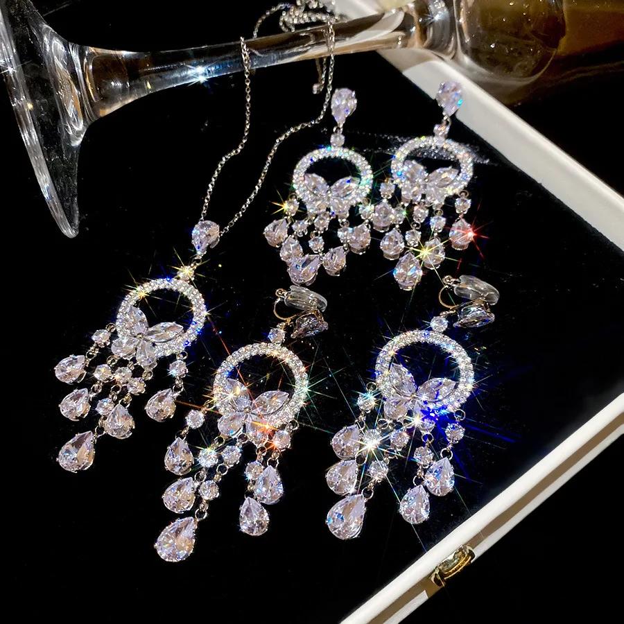 Inlaid Rhinestone Zircon Round Butterfly Zircon Sets for Women 2025 Fashion Light Luxury High-end Wedding Earring Necklace Set