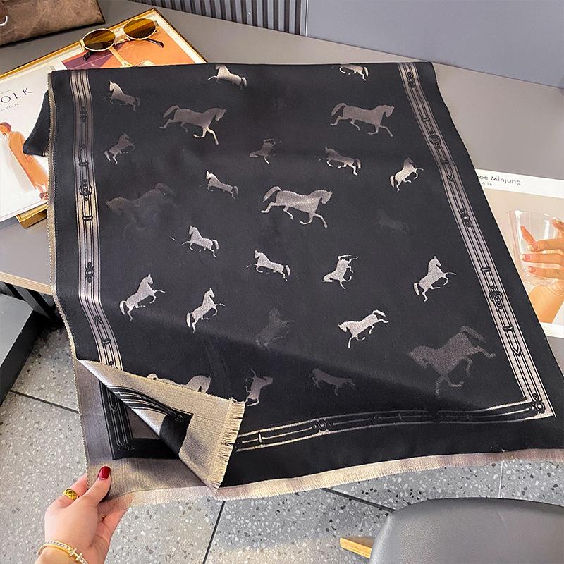 Autumn and winter retro equestrian style galloping horse pattern shawl women's high sense versatile thickened warm fringed scarf dual-purpose