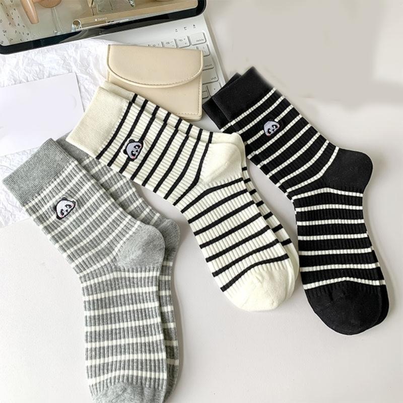 Striped Cotton Crew Socks with Cute Panda Embroidery for Women and Teens Korean Preppy Student Middle Tube Socks Hosiery