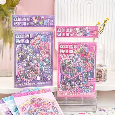 Neues Cartoon 3D Landschafts-Stickerbuch PET Miniaturhaus Hütte Szene Tasche Sticker DIY Sticker Hütte Szene für Kind