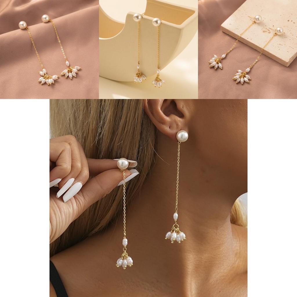 Modern Geometric Pearl Earrings Gold Tassel Chain Long Dangle Earrings For Women