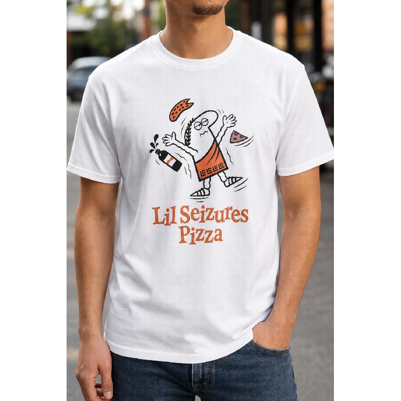 Plus Size - Men's T-Shirt S-5XL Featuring a Lil Seizures Pizza Graphic Print - a Casual Short-Sleeve Crew-Neck Top With a Relaxed Fit, Comfortable