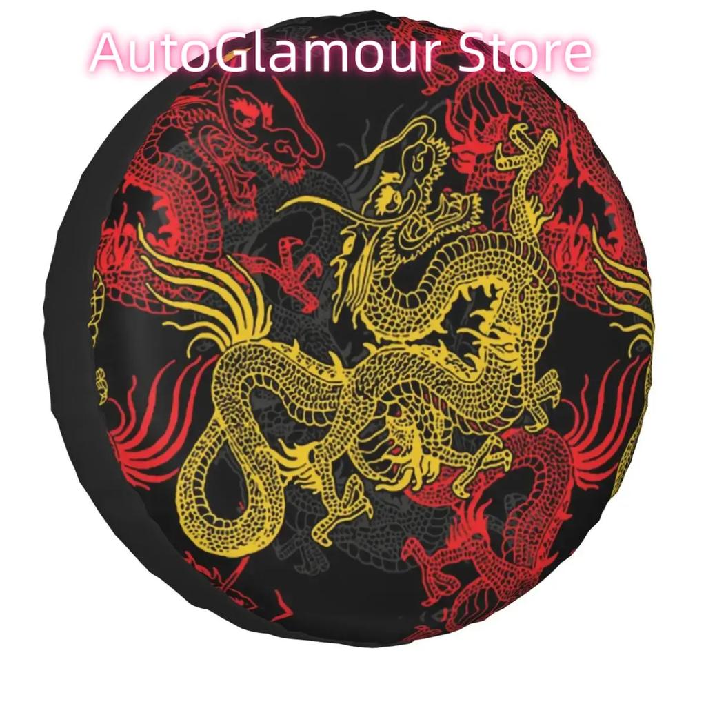 Golden Chinese Dragon Pattern Spare Wheel Tire Cover Case Bag Pouch for Jeep Pajero Oriental Mythical Vehicle Accessories