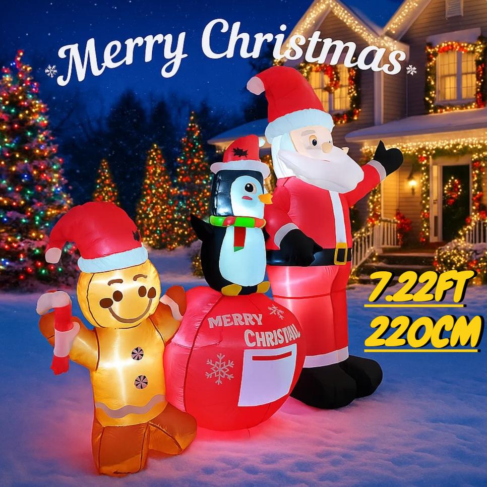 7.22FT Inflatable Santa Penguin Gingerbread Man Set Toy Xmas Yard Decoration Festive Gift LED Christmas Supplies Home Ornament