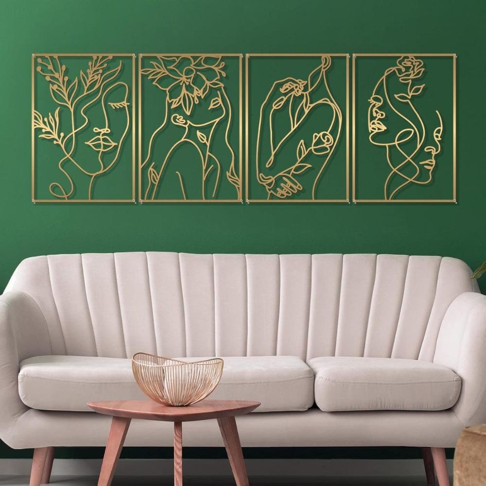 4 Pcs Gold Metal Wall Art Abstract Flower Minimalist Line Art for Living Room Bedroom Bathroom Home Decor Housewarming Gift
