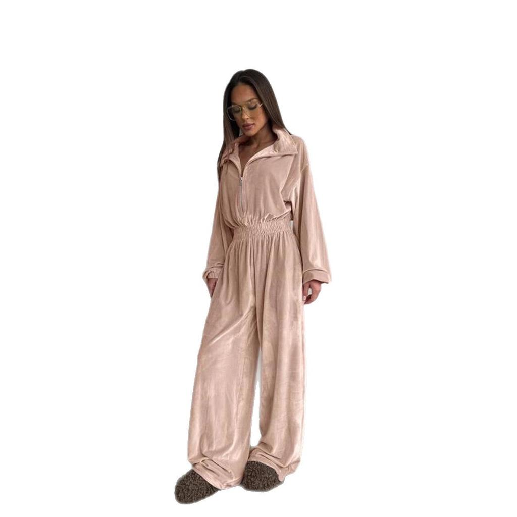 European and American Autumn and Winter Women's New Fashion Long-sleeved Jumpsuit Women's Casual Semi-open Elastic Waist Jumpsuit
