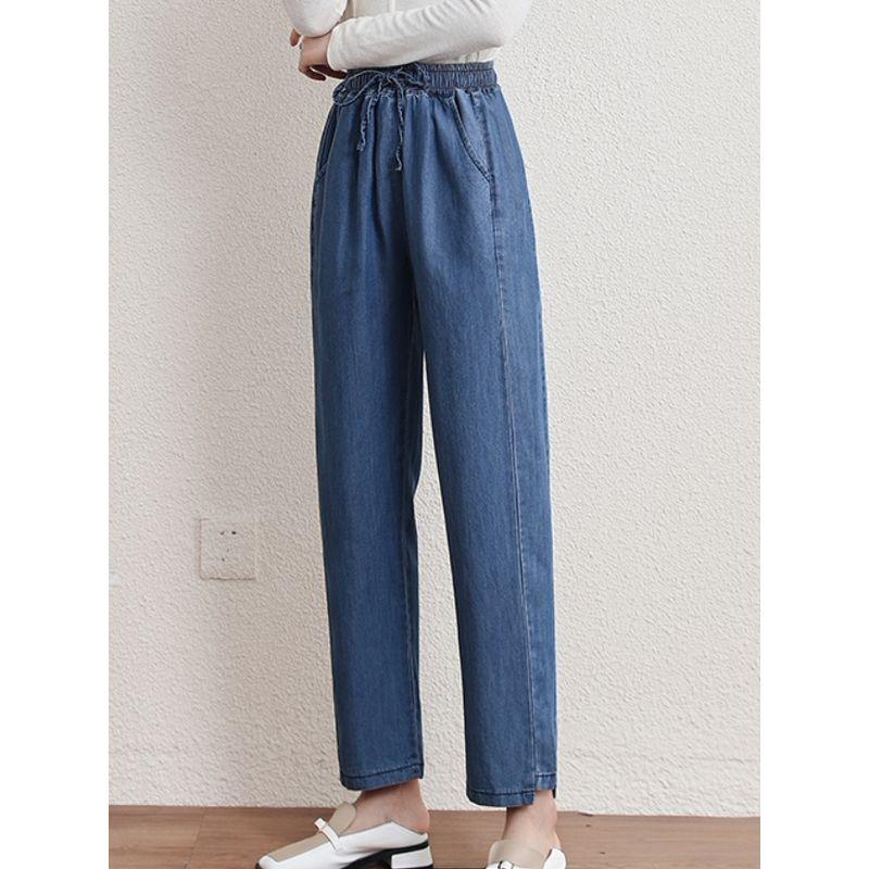Small Plus Size Women Clothing South Korea Elastic High Waist Tencel Chubby Girl Thin Casual Loose Capri Harem Pants Jeans