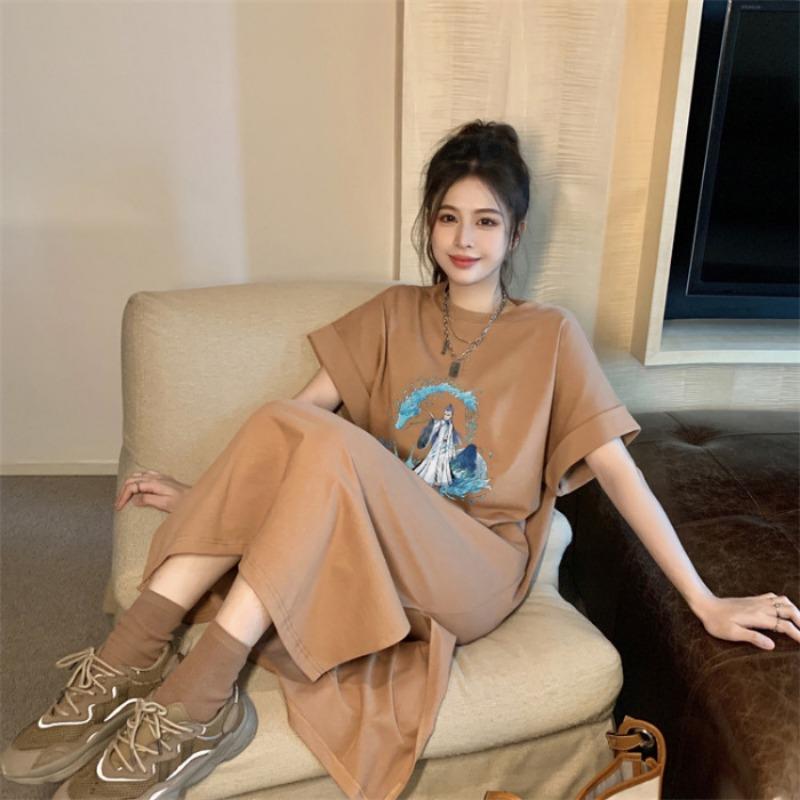 Women's Printed T-shirt Dress Short Sleeve Summer Loose Medium Length Plus Size Casual Dress