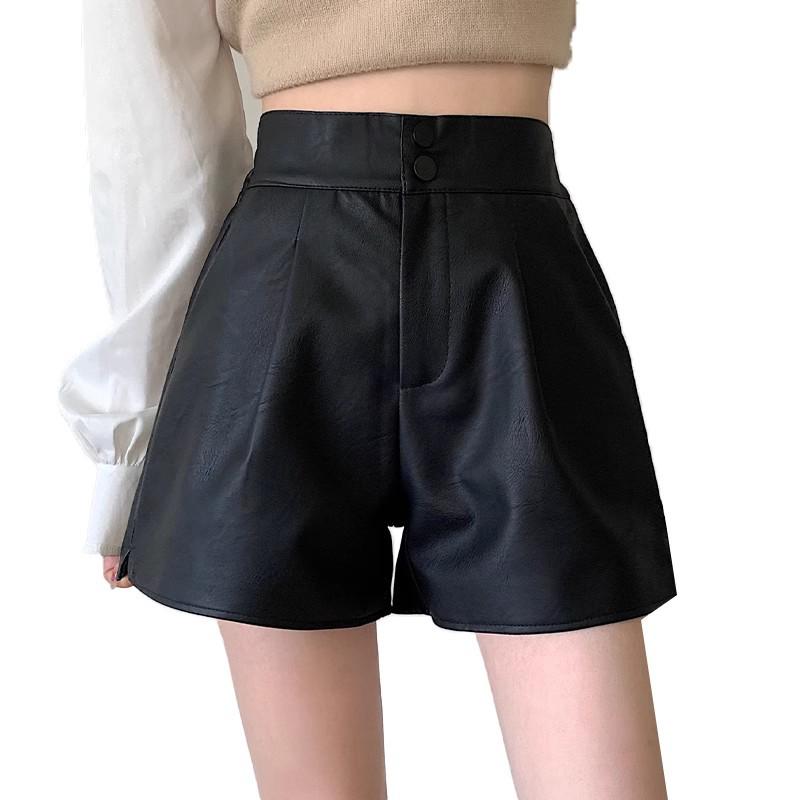 2025 Women's High-Waisted A-Line Black PU Leather Shorts - Autumn/Winter Slimming Wide-Leg Casual Booty Fit