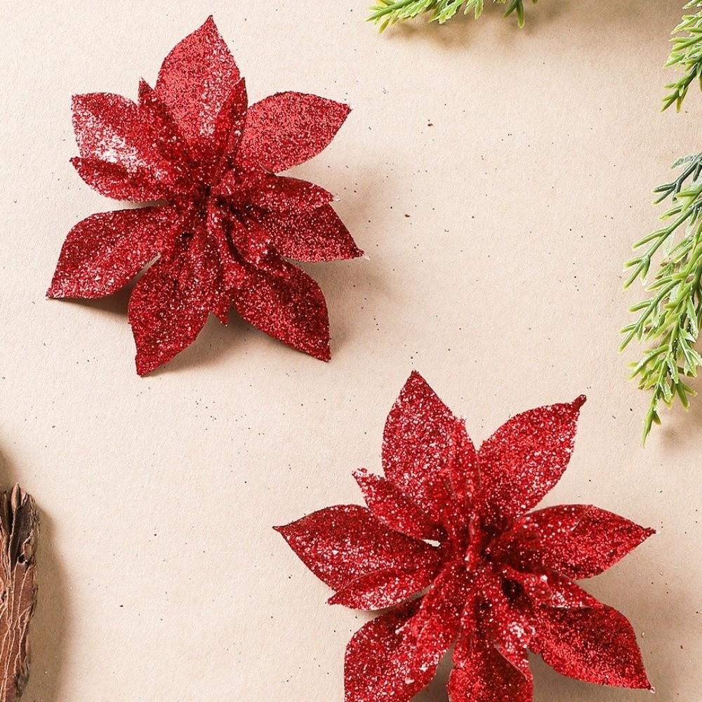 10Pcs Multi-Color Artificial Poinsettia Flowers Sequin Plastic Christmas Flowers Ornaments Holiday