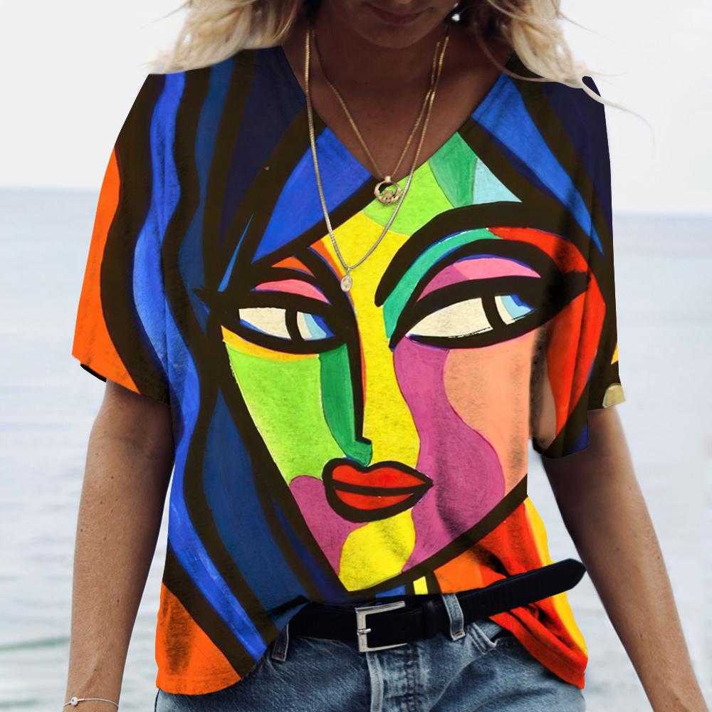 Camiseta feminina arte abstrata rosto impressão meninas roupas 3d oversized clássico manga curta topos moda feminina casual streetwear