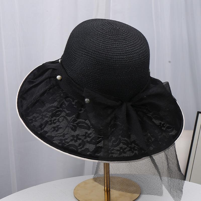 New lace mesh bow mesh hat women's breathable hollow sunshade straw hat seaside vacation sunscreen hat