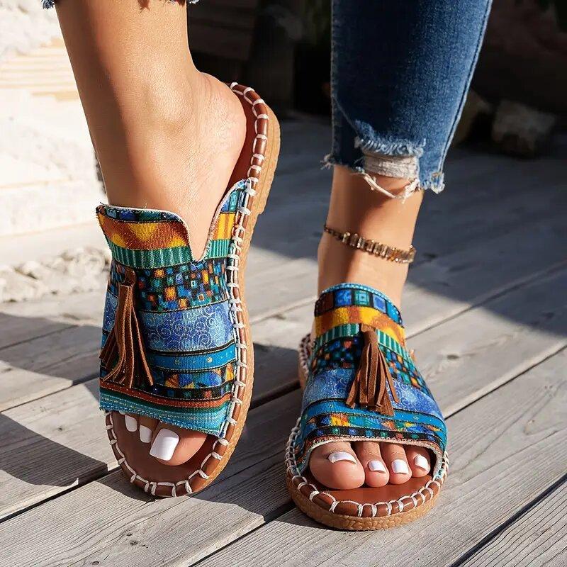 Fashion Flat-bottomed Slippers Women's Outer Wear 2025 Summer New European and American Tassel Women's Drag 43 Beach Sandals