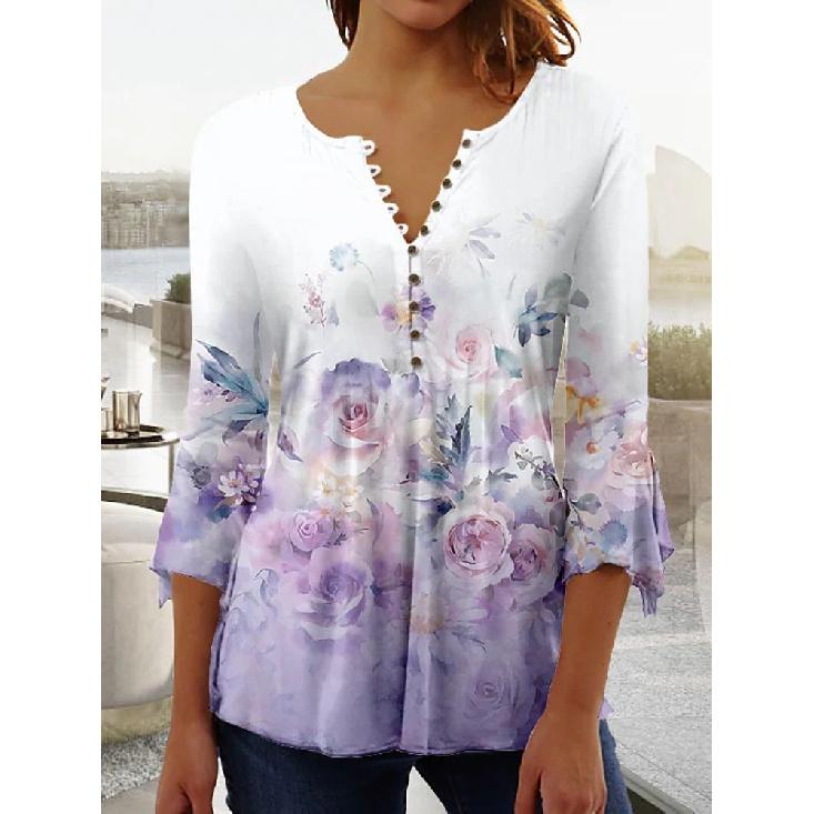 Women'S V-Neck Button-Down T-Shirt Summer Fashion Clothing Printed Top Popular Seven-Quarter Sleeve Clothing Y2k Women'S T-Shirt