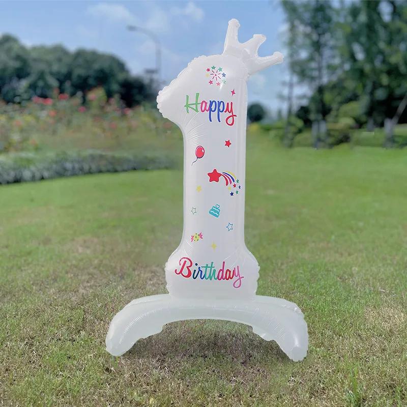 Birthday Number Balloon White Standing 32 Inch Happy Birthday Printed Aluminum Film Birthday Party Crown Balloon