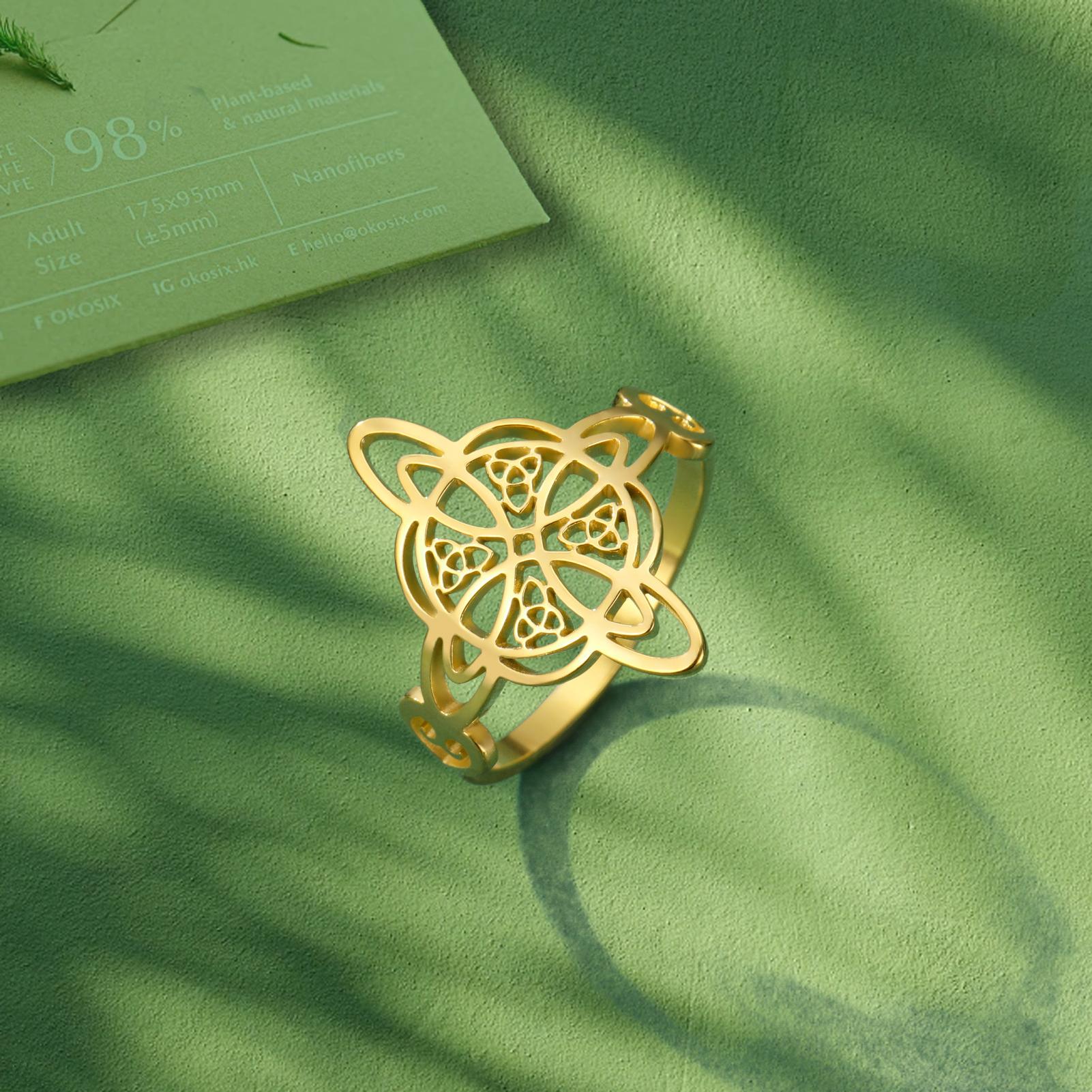 YILUOCD Hexenknoten Edelstahlring für Damen Keltischer Knoten Triquetra Ring Hexerei Schutz Amulette Schmuck 7 beige