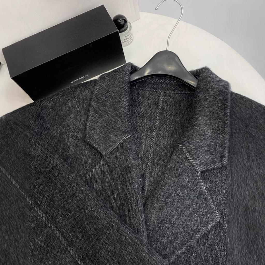 Lazy Loose High-end Black and Gray Herringbone Pattern Double-sided Wool Coat Women's Medium and Long 25 Autumn and Winter