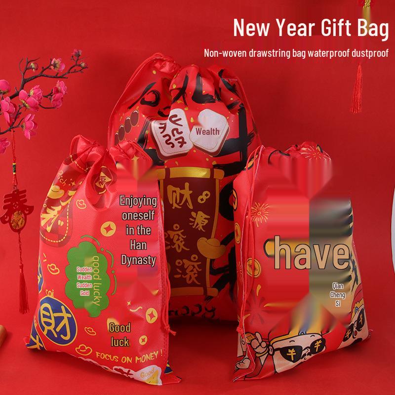 In-Stock New Year Gift Non-Woven Drawstring Bag: Luck, Wealth, & Prosperity Snack Storage