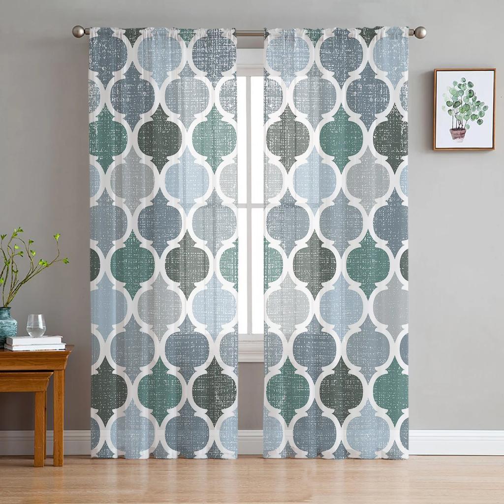 Golden Yellow Blue Geometric Moroccan Retro Transparent Curtains Perfect for Living Room Decoration Window Panel Curtain Kitchen Tulle Sheer Fabric