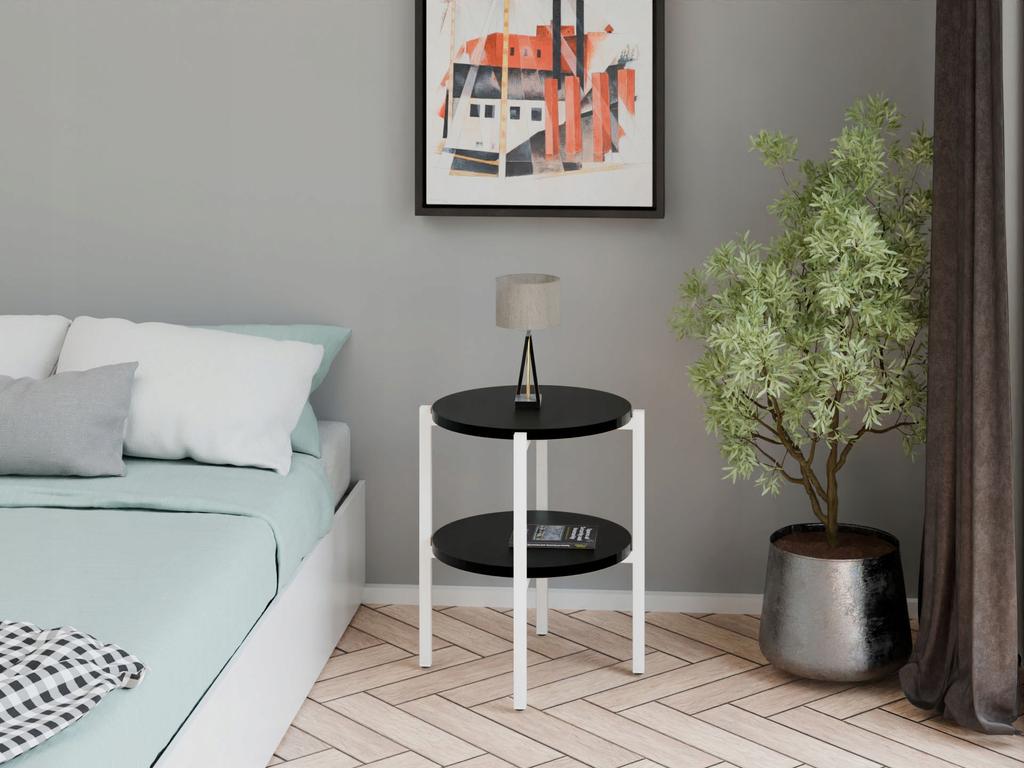 Stolik Nocny Okrągły Loft Z Półką 35X35X46 Cm Metalowy Biały