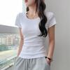 Navy Blue Front Shoulder Short-sleeved T-shirt Women's Summer New Slim-fitting and Thin T-shirt High-end Summer Top