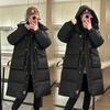 Womens Long Puffer Coat With Detachable Hood Winter Warm Cotton-Padded Parka Slim Fit Mid-Length