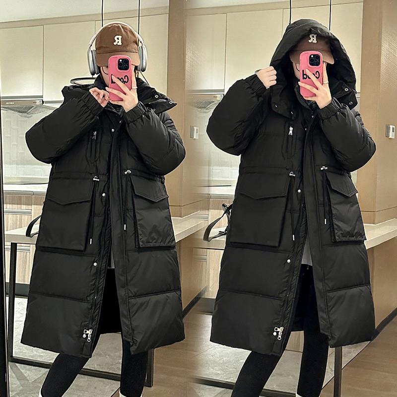 Womens Long Puffer Coat With Detachable Hood Winter Warm Cotton-Padded Parka Slim Fit Mid-Length
