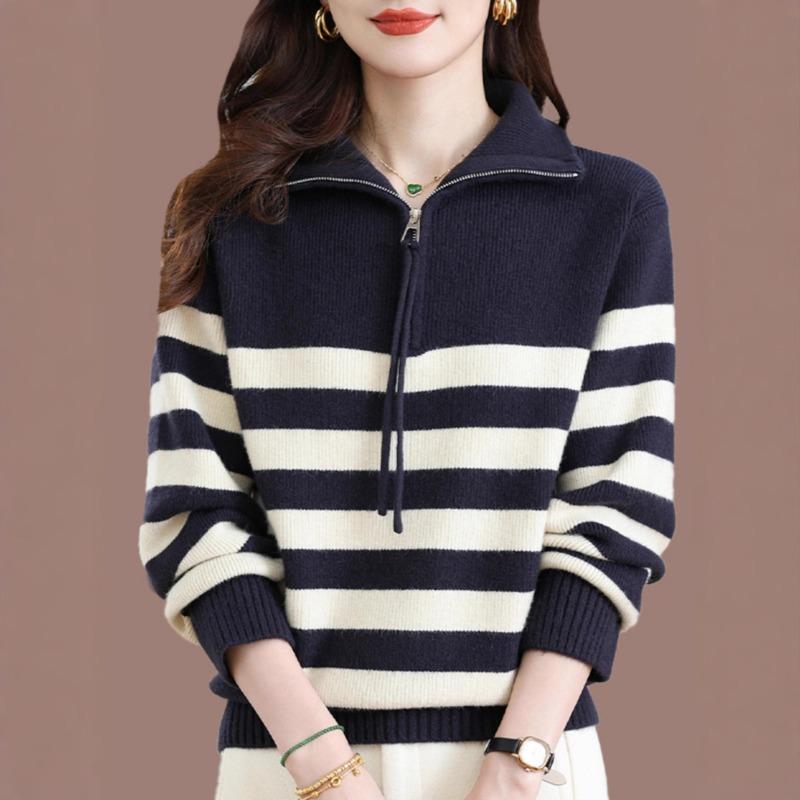 Half Zipper Sweater Women's New Autumn and Winter Lapel Collar Inner Bottoming Shirt Striped Knitted Sweater Top