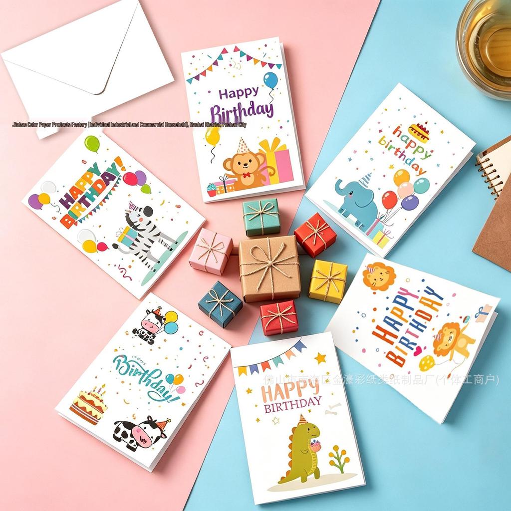 Adorable Cartoon Birthday Greeting Card with Envelope and Floral Gift Design