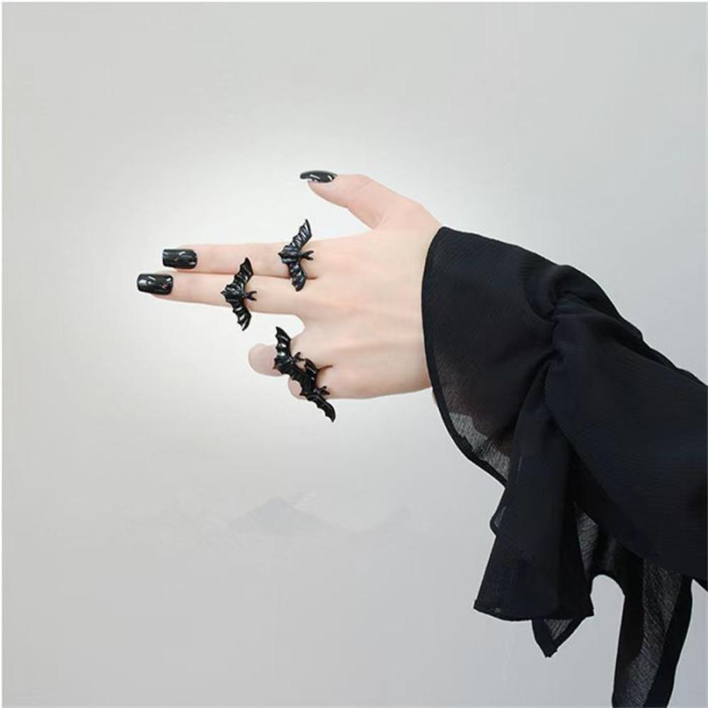 Dark Fashion Gothic Bat Ring Shiny Rhinestone Halloween Opening Ring Spider Web Heart Ring  Gift