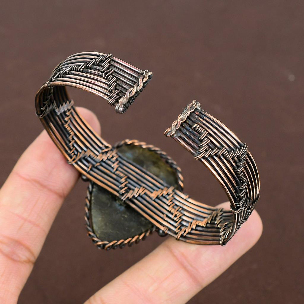 Natural Rough Prehnite Gemstone Handmade Copper Wire Wrap Bangle Adjustable K5G77