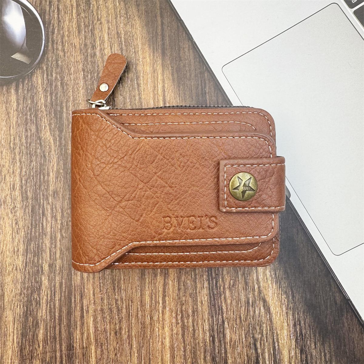 

Retro Men s Short Wallet PU Leather Multi Slot Card Holder Zipper Coin Purse Multifunctional Buckle Design Women Money Bag коричневий