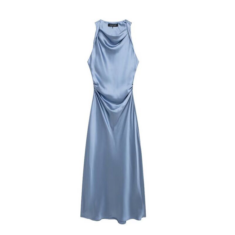 Fashion Style 2024 Summer New Arrival Women's Sleeveless Versatile Silk Satin Texture Midi Skirt Long Dress 2124305