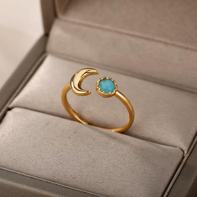 Exquisite Opal Stainless Steel Moon Rings For Women Open Adjustbale Gold Plated Stainless Steel Moon Ring Wedding Female Jewelry