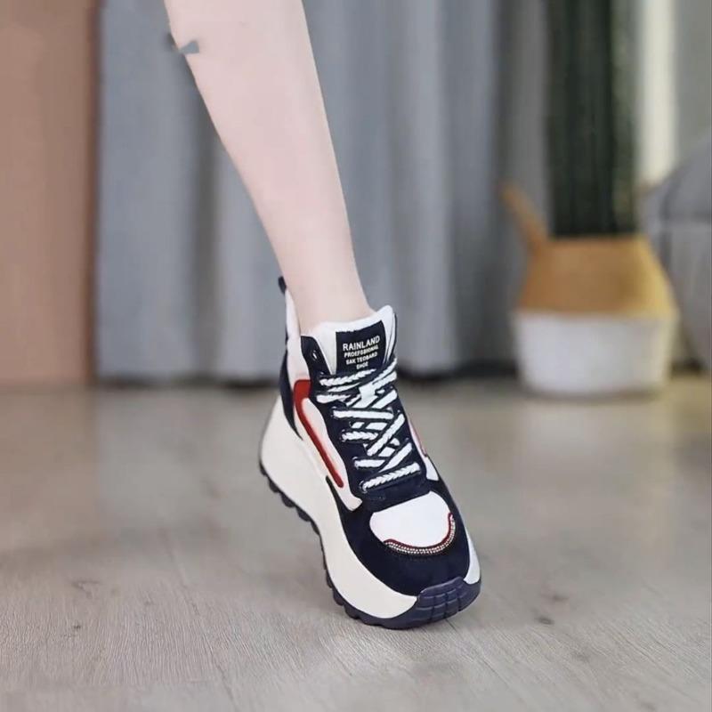 Thick-soled Heightening Women's Autumn New Versatile Sports Shoes Soft Leather Breathable Casual High-top Women's Shoes