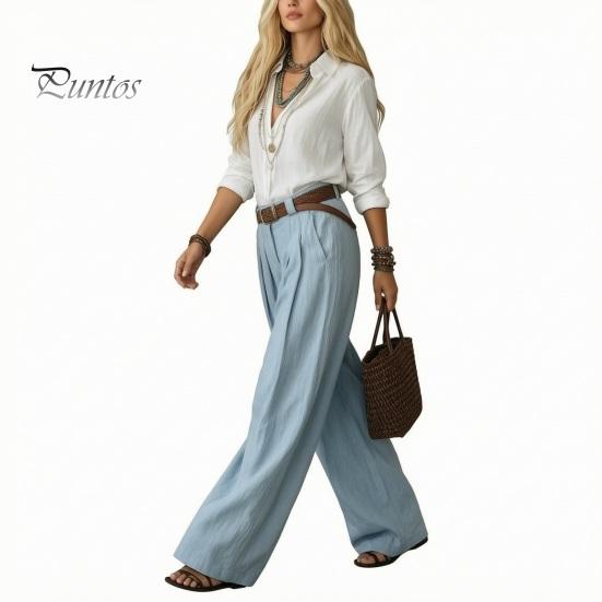 Long Sleeves Shirt Trousers Women Casual Two Piece Set for Fall, V Neck Collared Solid Color Suit & Wide Leg Pants, Loose Fit Autumn Outfits