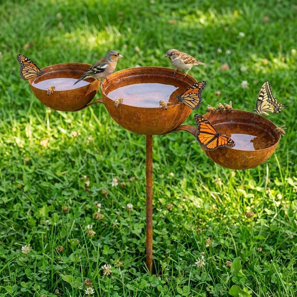 Rotatable Garden Rain Catcher Rusted Bird Water Bowls Bird Water Dispenser 3-Tiered Bird Bath Yard