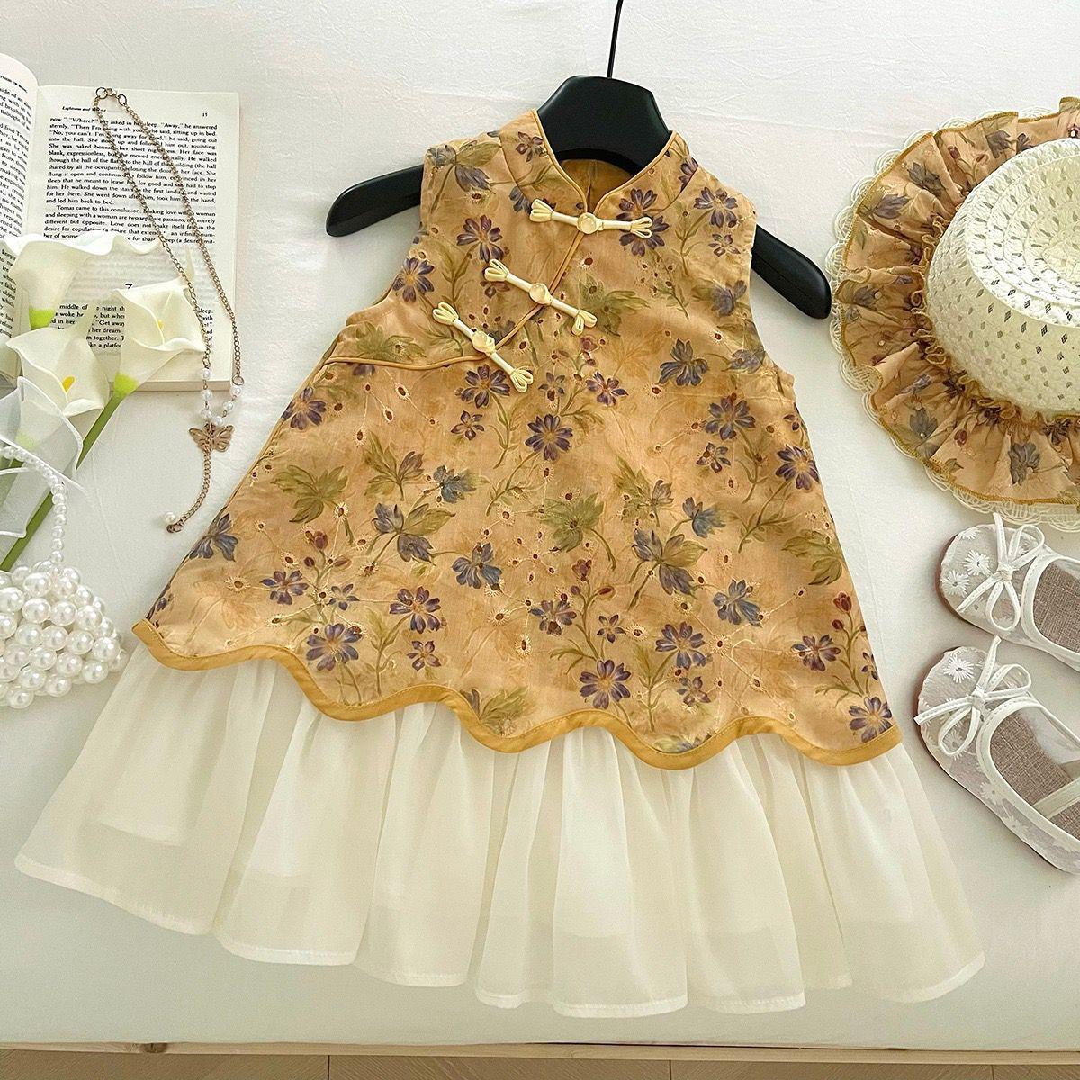 Summer Girls Chinese Floral Embroidered Vest Dress Baby Retro Qipao Dress For Toddler Kids Party Wear 90cm