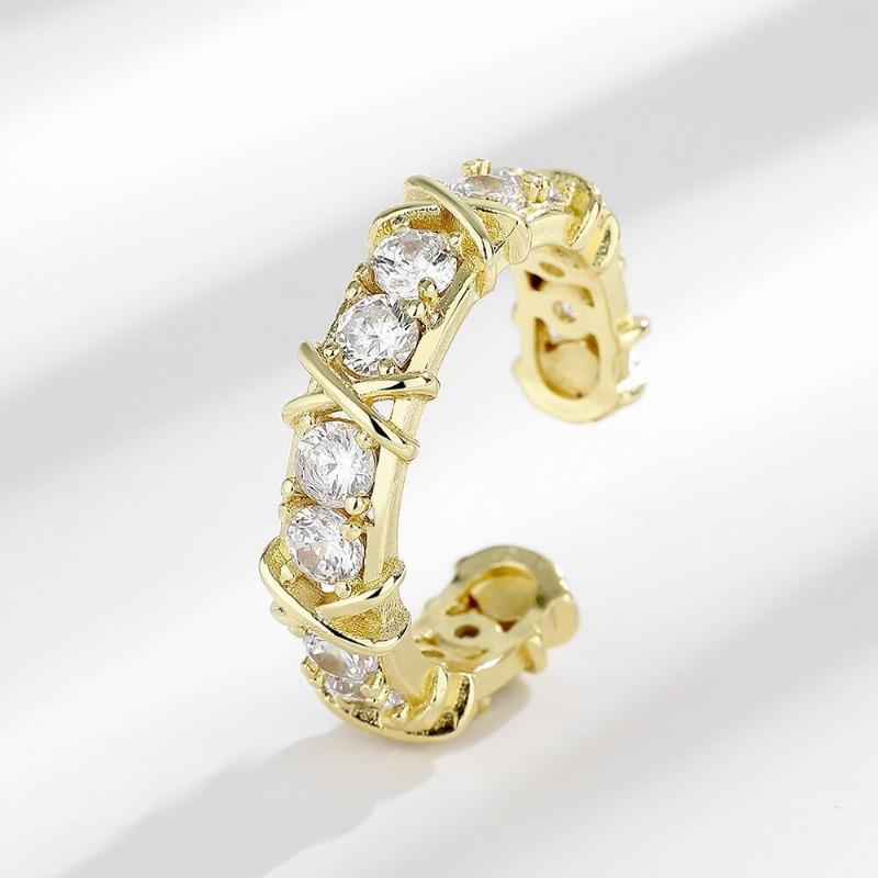 Huajie X Cross Open Inlaid Bright Zirconia Charms Rings for Women Light Luxury Opening Ring Party Fashion Resizable Rings