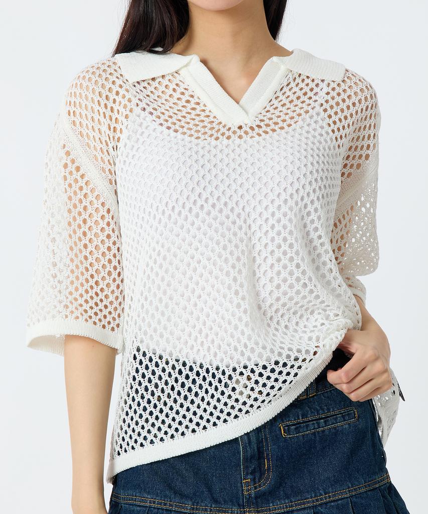 ANDTHEOTHER White Punched Collar Short Sleeve Knit