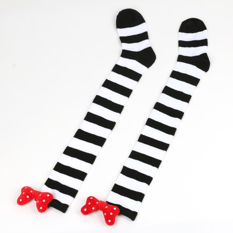 Calze lunghe da donna carine con fiocco 3D sopra il ginocchio, stampa a righe festive di Natale, calze alte sulla coscia con cartoni animati, calzetteria da festa