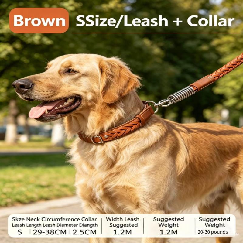 Studded Dog Collar Braided Leather Leash Set with Spring Shock Absorber for Large Breed Dogs
